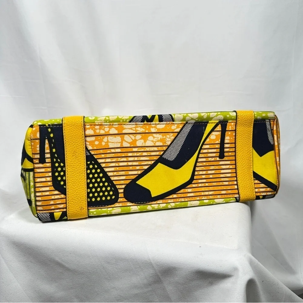 Halo & Way Ankara Wax Print Leather Tote Yellow Green Heels Bag Boho Retro Y2K
